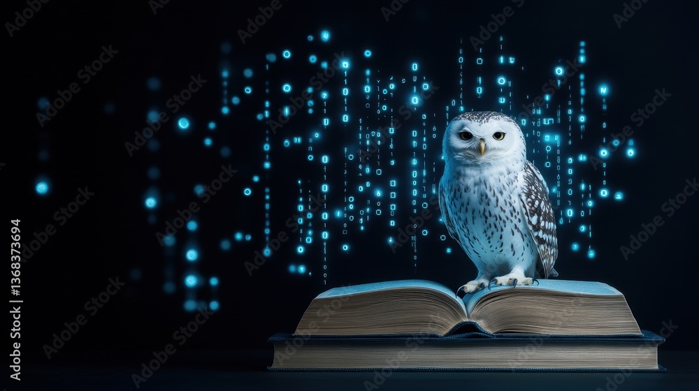 Aufkleber an owl perched on a book with binary code streams flowing around, illustrating the blend of wisdom a