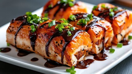 Vibrant salmon sushi rolls drizzled beautifully with soy sauce, emphasizing the artistic presentation and hunger-inducing flavors of fine Japanese cuisine.