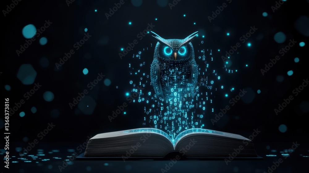 Aufkleber an owl perched on a book with binary code streams flowing around, illustrating the blend of wisdom a