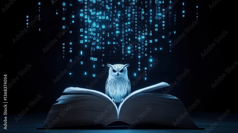 Poster an owl sitting on a book with flowing binary code above, representing the fusion of traditional wisd