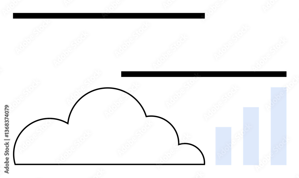 Poster cloud outline and minimalist bar charts with horizontal lines represent data storage, processing, an