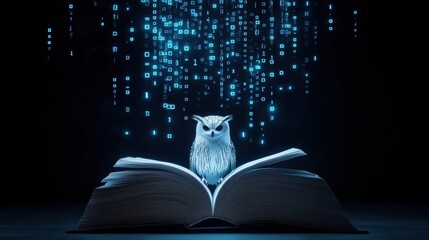An owl sitting on a book with flowing binary code above, representing the fusion of traditional wisdom and modern technology in the digital age.