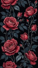 enchanted dark floral pattern. baroque botanical design. A hauntingly beautiful floral pattern in deep burgundy, navy, and black, featuring hand-etched gothic roses, delicate vines