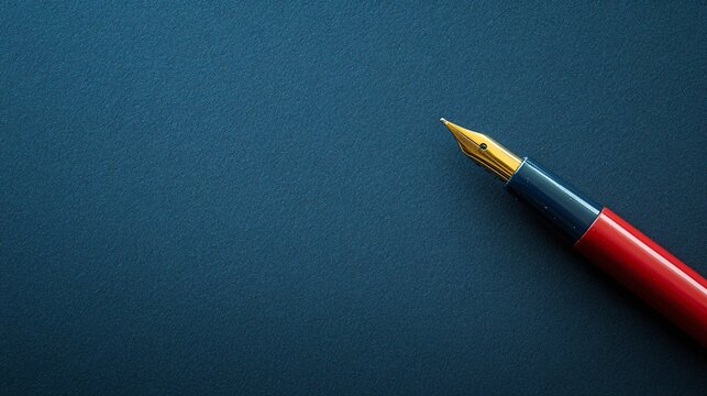 Red and blue fountain pen lying on dark blue background
