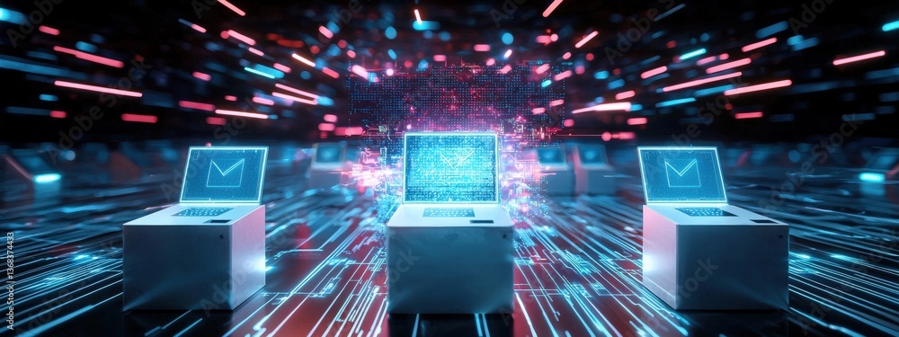 Aufkleber electronic voting machine enveloped by cyber firewall effects