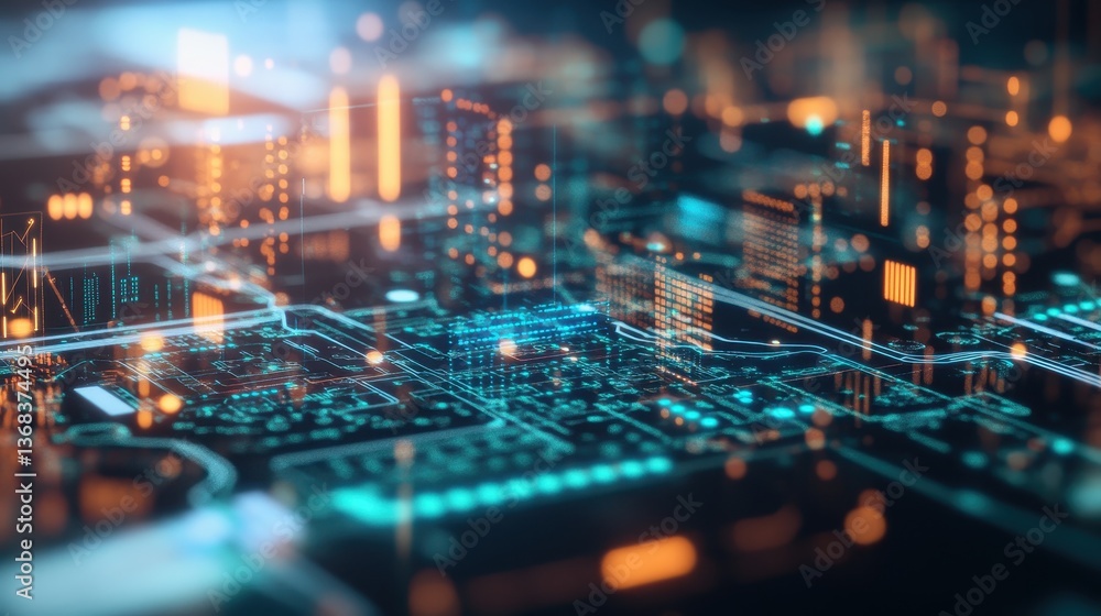 Poster abstract digital cityscape in glowing teal and orange hues resembling a complex circuit board with i