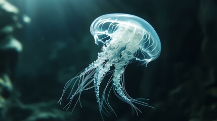 Obraz premium Futuristic Hybrid Pet Art - Glowing Jellyfish-Dog in Underwater Dome - Sci-Fi Marine Creature Illustration