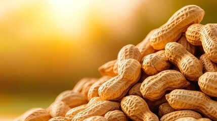A close-up view of a pile of raw peanut with a warm, blurred sunset background