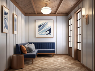 Fototapeta premium Modern hallway with geometric wall panelling in sea blue colors, simple minimalist furniture and artwork on the wall. Hall with wooden wall panels