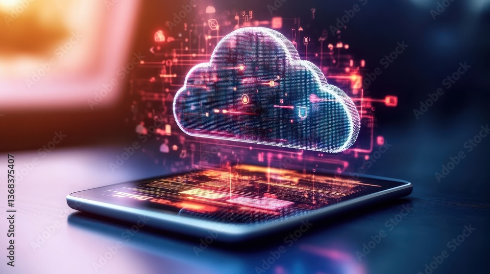 Aufkleber glowing translucent cloud icon above tablet displaying vibrant digital data streams illustrating clo