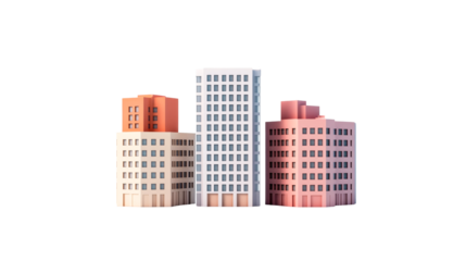 Colorful modern buildings on black background, cut out transparent