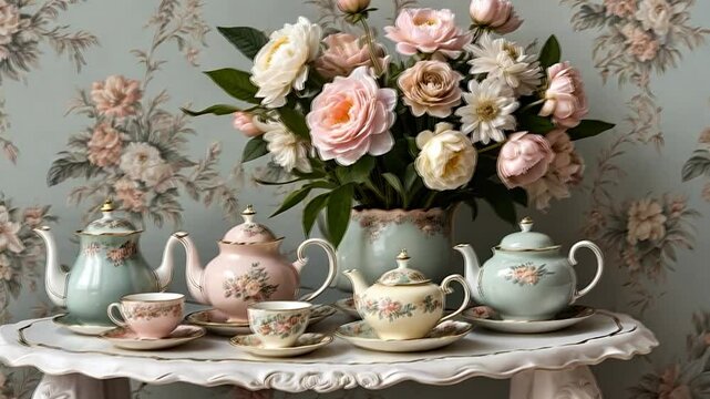 Elegance in bloom: Vintage floral tea set complemented by exquisite roses