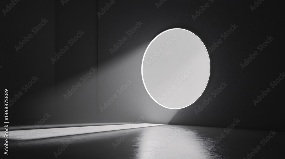 Poster Light beam entering dark room through circular window illuminating reflective floor