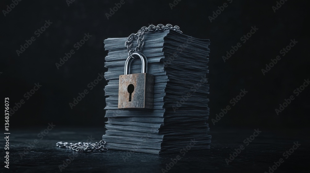 Poster documents locked with a heavy padlock and chains on top, reflecting security, privacy, and safeguard
