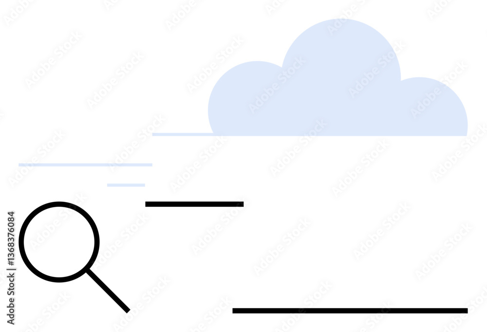 Poster magnifying glass with cloud symbol conveys searching, analyzing, or navigating cloud-based data. ide