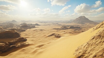 Naklejka premium A breathtaking view of the Egyptian desert with golden sand dunes stretching endlessly under the bright sun