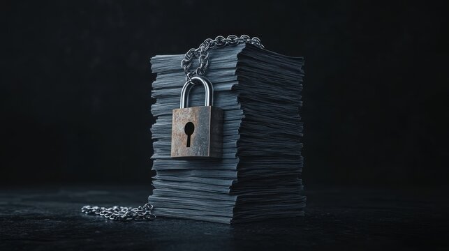 Documents locked with a heavy padlock and chains on top, reflecting security, privacy, and safeguarding confidential information.