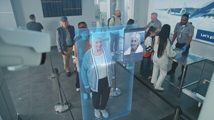 Airport Checkpoint: Queue of Diverse People Passing Biometric AI Face Scanning at Border Control....