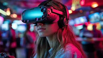 Young woman immersed in virtual reality gaming at a vibrant arcade with colorful lights