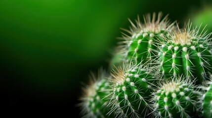 A detailed close-up of multiple green cacti with sharp spines against a deep green backdrop, showcasing the unique structures of these resilient plants in a captivating manner.