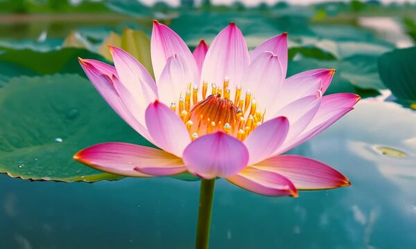 Pink lotus flower full bloom in pond.