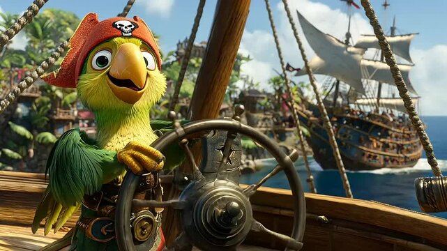 A cheerful animated parrot captain steering a ship's wheel with a pirate ship in the background.