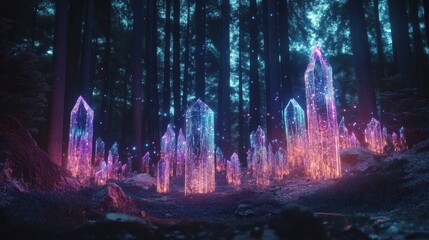 Obraz premium Illuminated crystals are arranged in a forest setting with vibrant colors