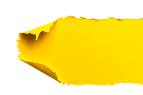 Torn yellow paper with rough edges and curled corner, cut out transparent