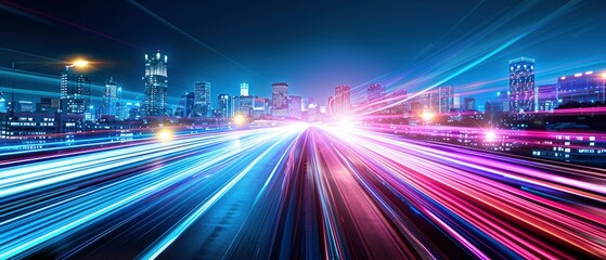 Dynamic cityscape at night with vibrant light trails from moving vehicles and skyline in background