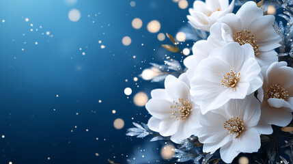 Delicate white flowers bloom against dreamy blue background, surrounded by sparkling bokeh lights and subtle foliage, creating serene and enchanting atmosphere