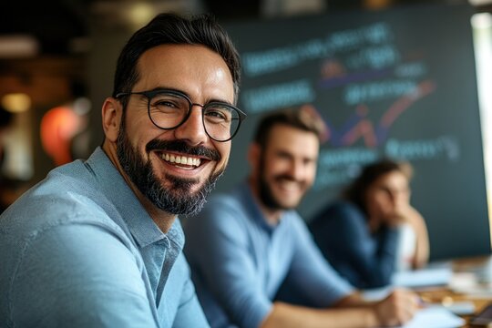 Smiling male colleagues engaged in a successful team brainstorming session