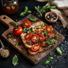 toast, tomatos and basil on cutting board