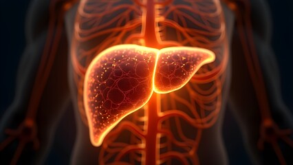 Anatomical Illustration of Liver Anatomy with Blood Vessels and Human Torso
