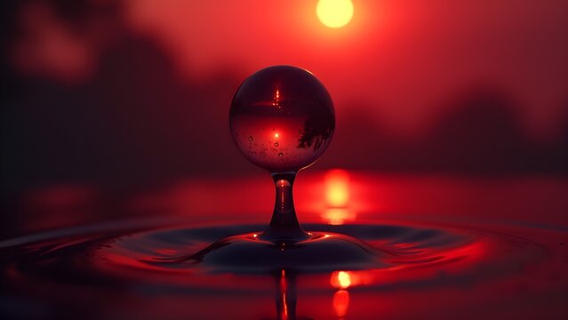 Sunset reflected in a water drop, creating ripples on a serene water surface at twilight