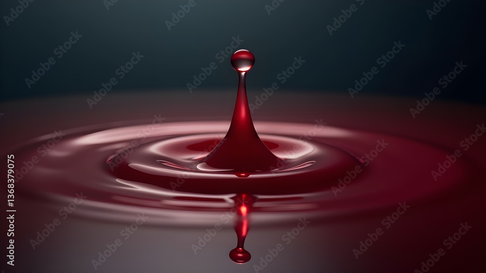 Poster macro shot of a vibrant red liquid drop creating ripples on a dark smooth surface and reflective bac