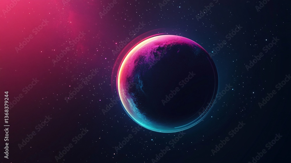Poster pink and blue planet rotating in the dark universe with stars