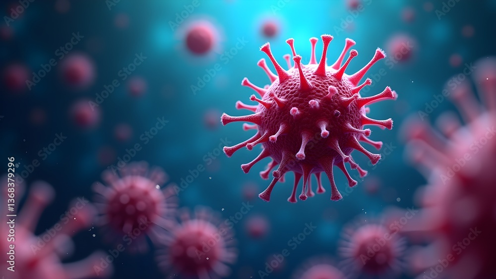 Poster detailed 3d render of a contagious virus with surface spikes on a blue gradient background