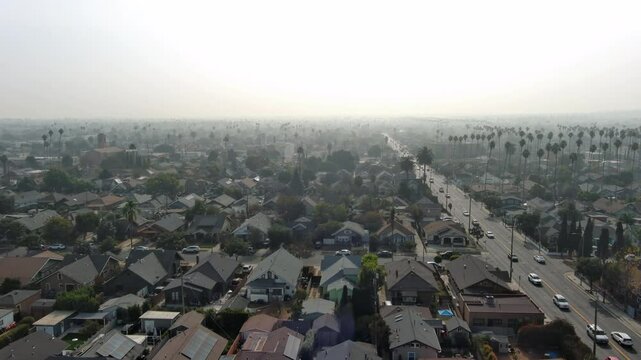 Aerial view of the South Los Angeles. Single and two-story houses, palm trees along the streets, and cars. Typical urban residential area of Los Angeles.
