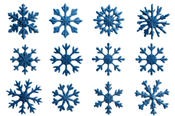 Blue snowflakes with glitter isolated on transparent background, cut out transparent