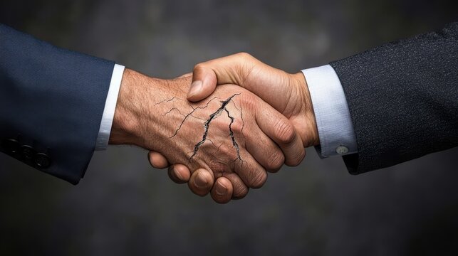 Two businessmen handshake with cracks symbolizing broken agreements, failure of negotiations, business conflicts, and international tensions