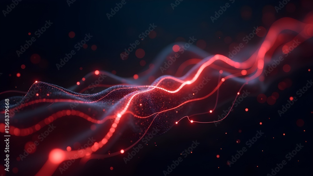 Poster abstract red glowing wave lines with particles on dark background for modern technology concept