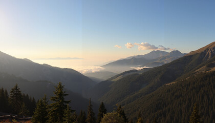 Serene mountain landscape with fog under a clear sky  