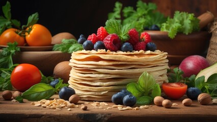 A colorful spread of various dishes featuring cured meats,