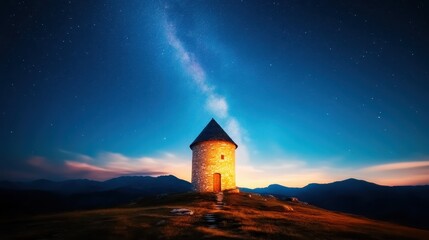 An enchanting tower standing tall against a starry sky, radiating warm light and surrounded by the tranquility of nature, capturing the essence of peace and solitude.