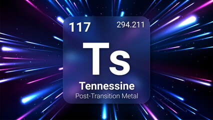 Tennesine (Ts) (117) Post Transition Metal, Glass Morphism Element Futuristic Neon Light Glow Background Periodic Table, Chemical Symbol, Name, Atomic Mass, Atomic Number, Vector Illustration