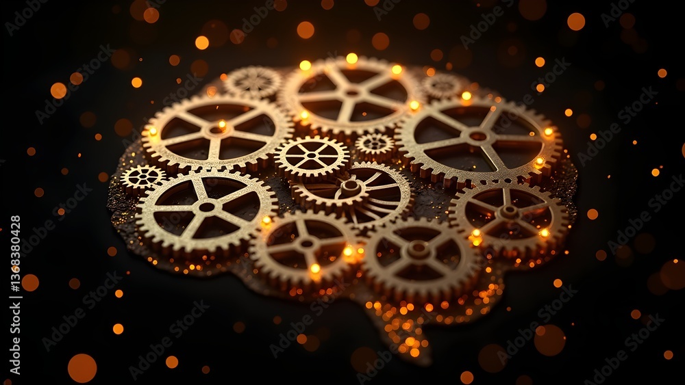 Poster brain made of golden gears representing artificial intelligence and machine learning concept