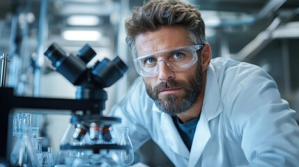 A determined scientist closely analyzing samples using a microscope, representing the importance of research and inquiry in the life sciences and their impact on discovery.