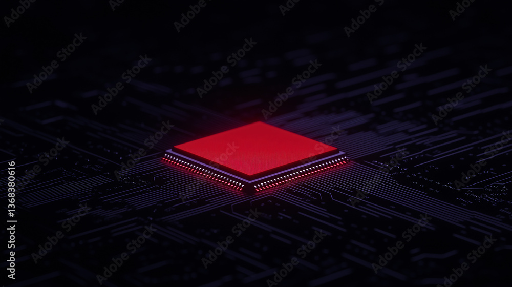 Aufkleber unveiling the core: a high-tech microchip glows in a dark, futuristic environment, embodying the hea
