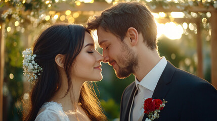 couple shares tender moment at outdoor wedding, with sun setting behind them. bride wears floral hairpiece, and groom sports boutonniere. scene is romantic and serene