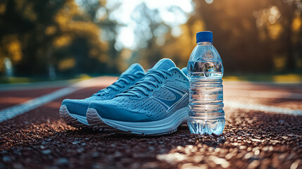 Pair of shoes and a bottle of water are on a track. The shoes are blue and white and the water bottle is blue